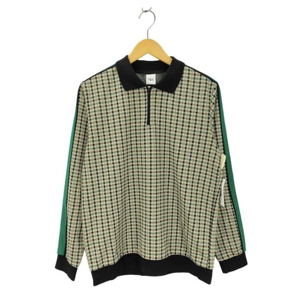 ZARA Regular Fit Check Knit Zip Polo Shirt Beige Black Green S